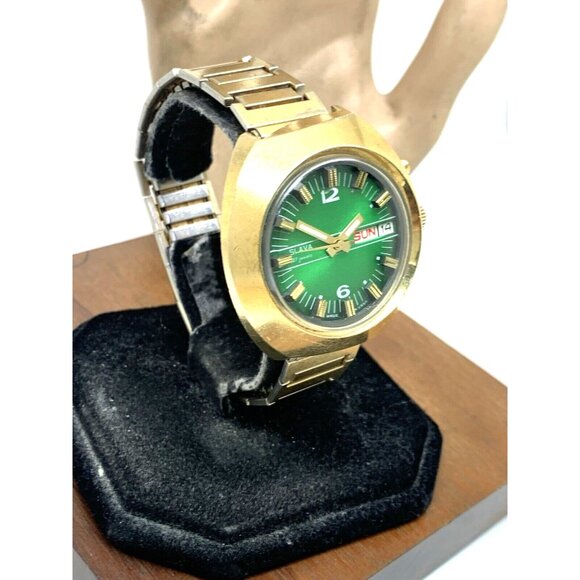 Slava Men's Watch Vintage USSR Automatic Green Dial Day Date Gold Steel 41mm - Picture 13 of 13